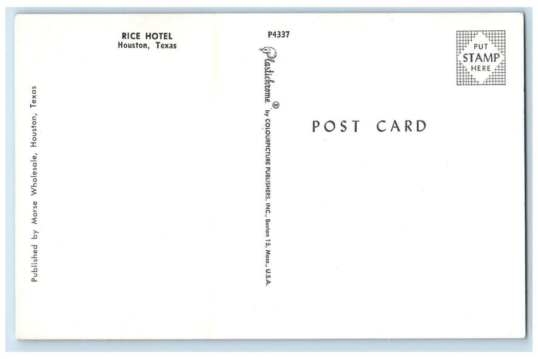 c1960's Building of Rice Hotel Houston Texas TX Morse Wholesale Postcard