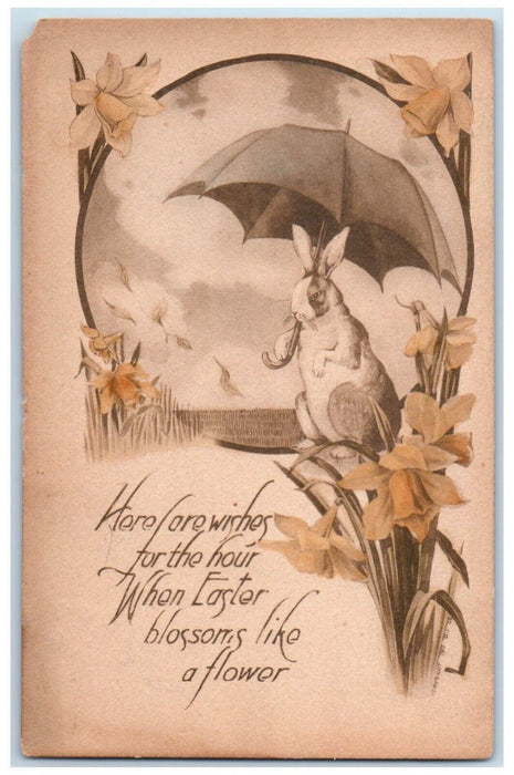 Easter Anthropomorphic Rabbit Umbrella Lilies Flowers Embossed Gibson Postcard