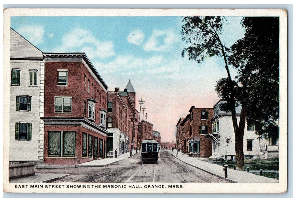 c1930's Trolley Car Main Street Masonic Hall Orange Massachusetts MA Postcard