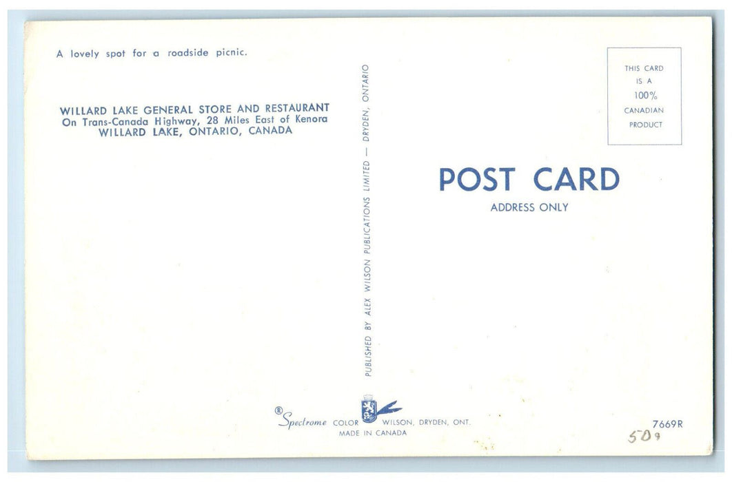 c1950's Willard Lake General Store and Restaurant Ontario Canada Postcard