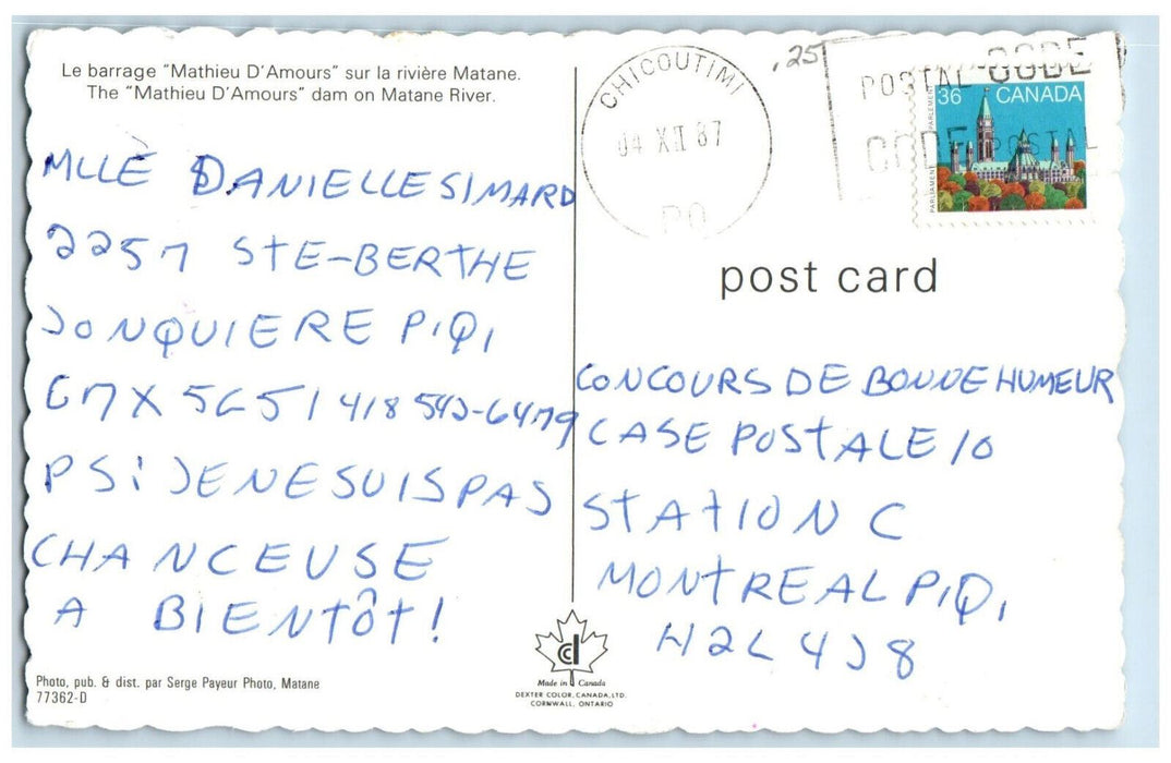 1987 The Mathieu D'Amours Dam on Matane River Canada Vintage Postcard