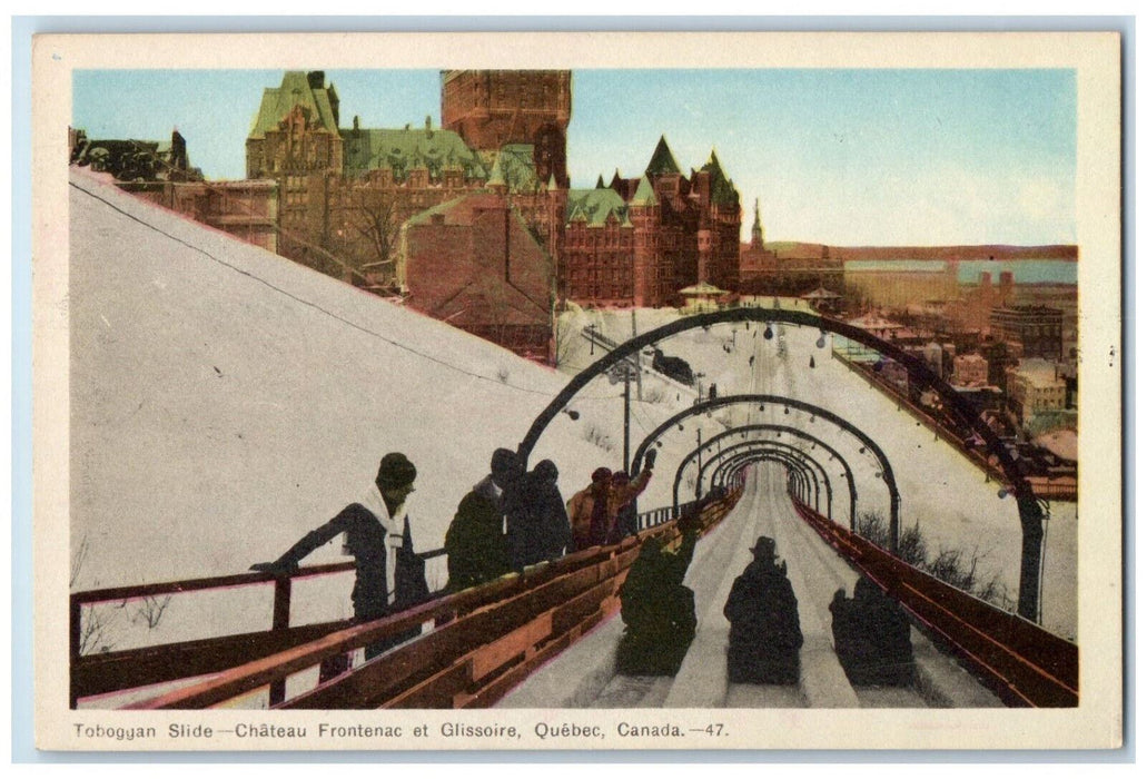 c1940's Tobbogan Slide Chateau Frontenac et Glissoire Quebec Canada Postcard