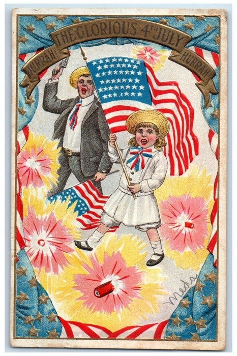 c1905 Fourth Of July Girl Waving American Flag Gun Firecrackers Antique Postcard