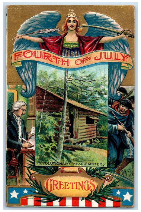 1909 Fourth Of July Greetings Angel Revolutionary Headquarters Embossed Postcard