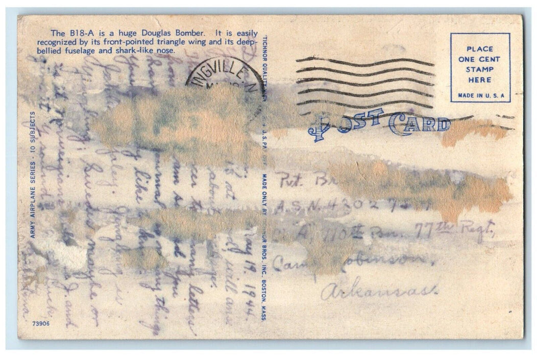 1944 B-18A Huge Douglas Bomber Airplane Springville New Jersey NJ Postcard