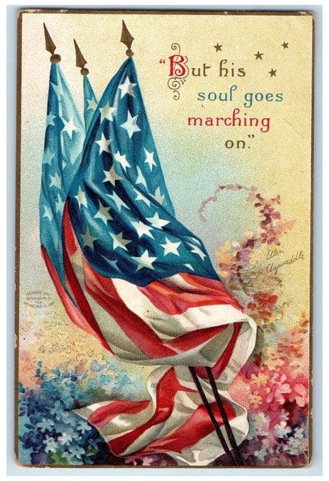 c1910's American Flags Patriotic Flowers Ellen Clapsaddle Artist Signed Postcard