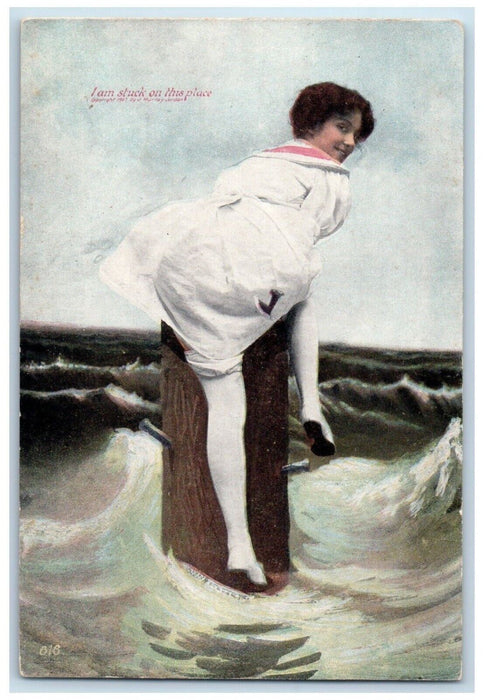 c1910's Bathing Beauty I Am Stuck On This Place Surf Unposted Antique Postcard