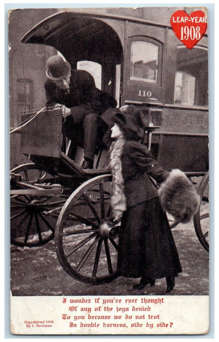 1908 Leap Year Women Handwarmer Horse Carriage Posted Antique Postcard