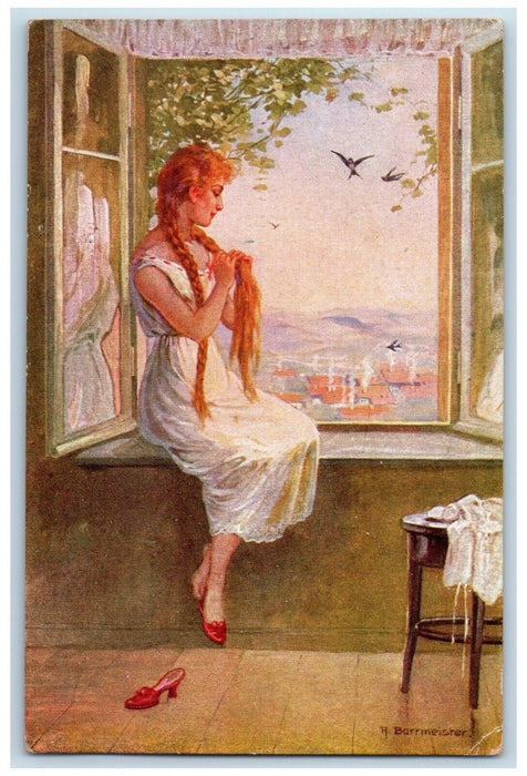 c1910's Pretty Woman Braided Hair On Window Birds Spring Morning Postcard