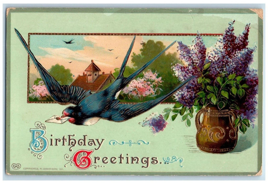 Birthday Greetings Bird Delivering Letters Flower Vase Gel Gold Gilt Postcard