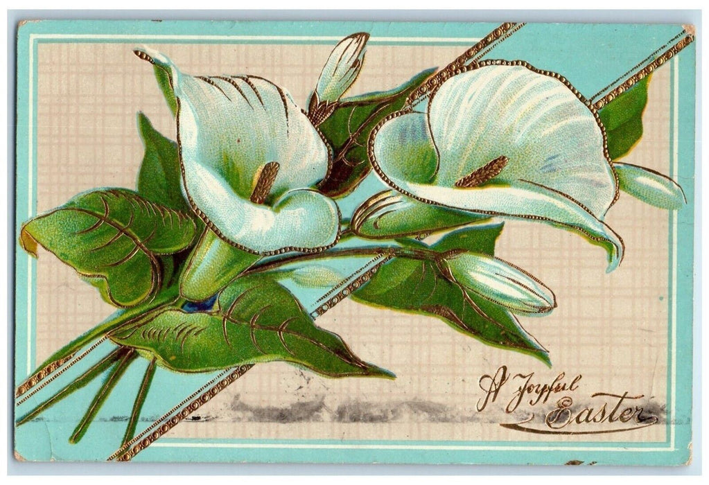 c1910's Easter White Flowers Gel Gold Gilt Nash Bellows Falls VT Posted Postcard