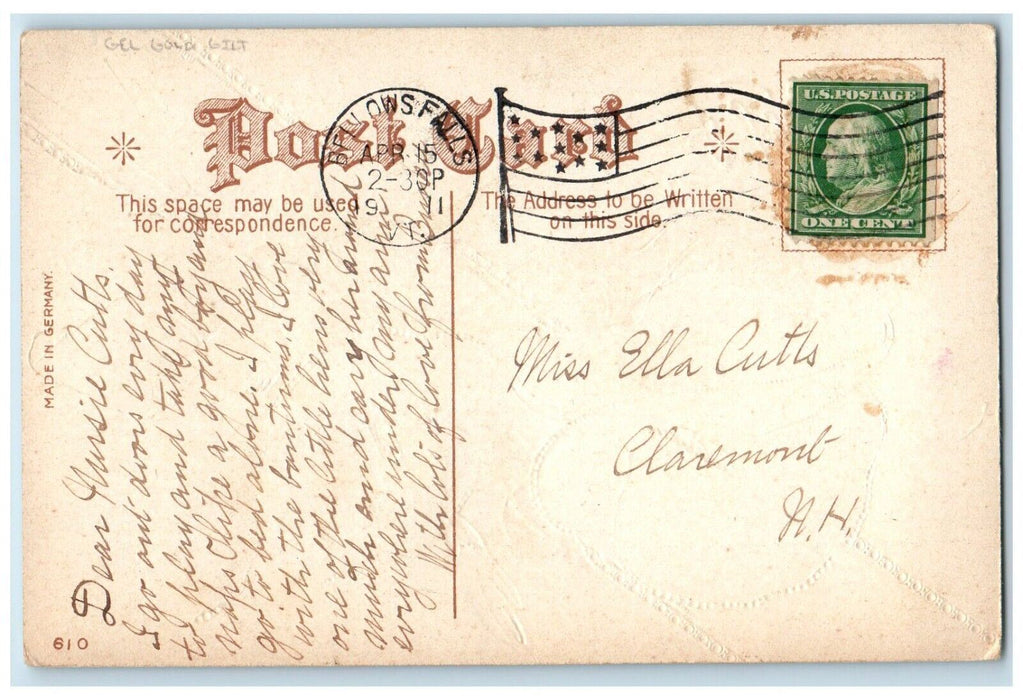 c1910's Easter White Flowers Gel Gold Gilt Nash Bellows Falls VT Posted Postcard