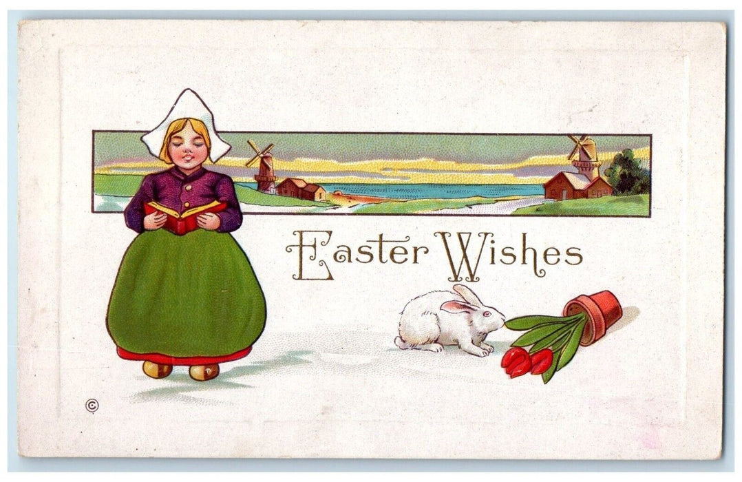 c1910's Easter Wishes Dutch Woman Windmill Houses Rabbit Flowers Postcard