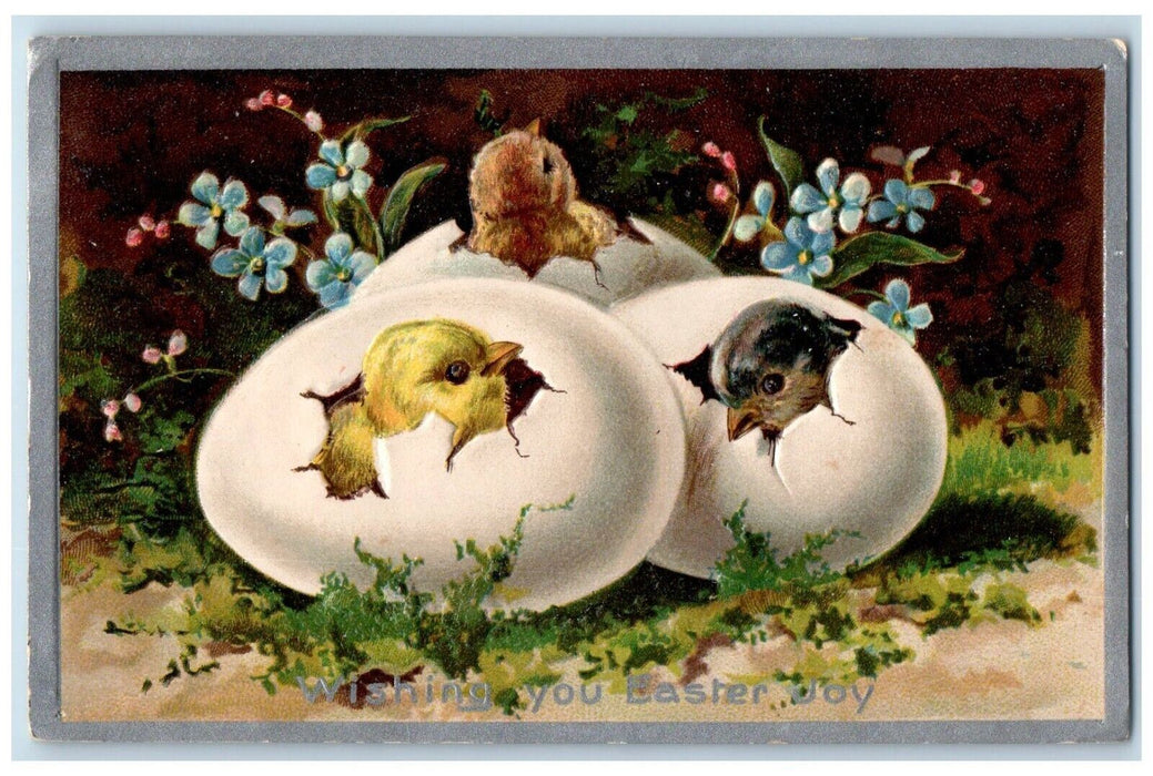 1910 Easter Joy Hatched Egg Chicks Flowers Embossed Elmira NY Antique Postcard