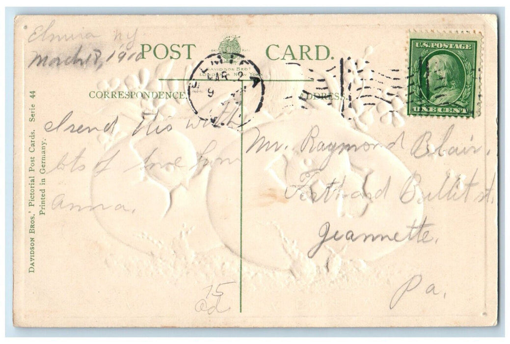 1910 Easter Joy Hatched Egg Chicks Flowers Embossed Elmira NY Antique Postcard