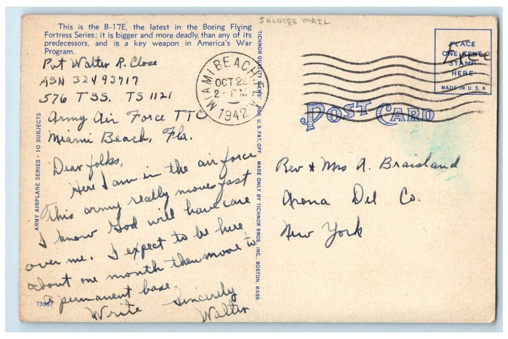 1942 Boeing 12599 Flying Fortress Soldier Mail Miami Beach Florida FL Postcard