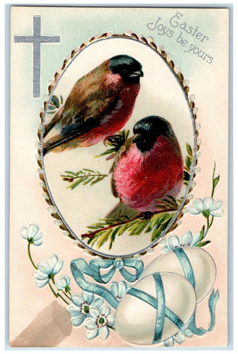 c1910's Easter Joys Cross Birds Eggs Ribbon White Flowers Embossed Postcard