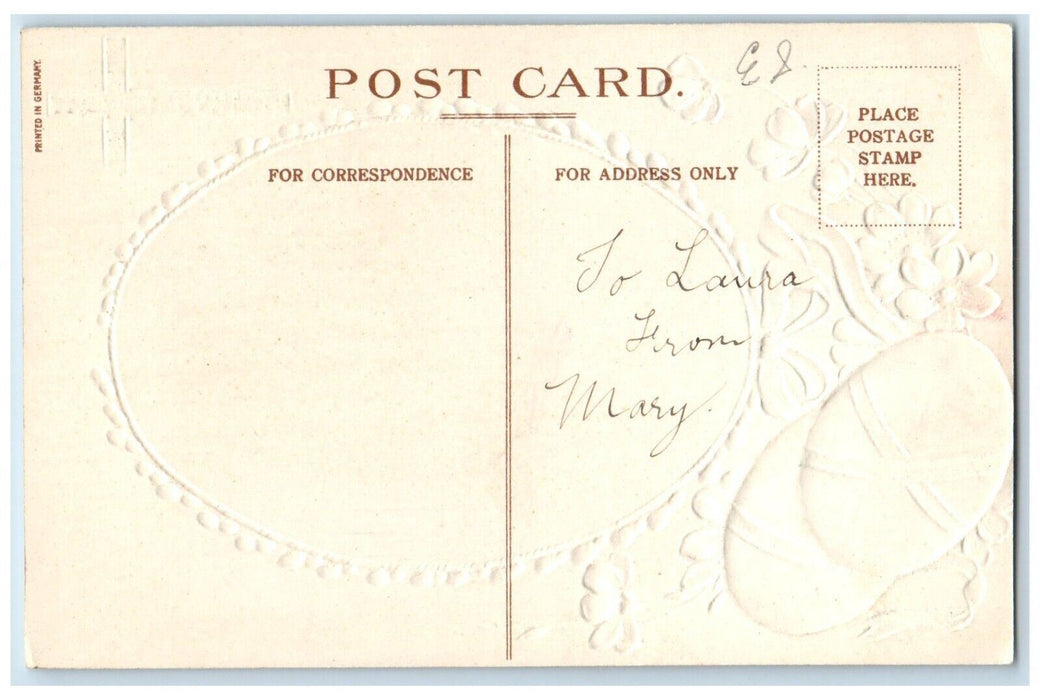 c1910's Easter Joys Cross Birds Eggs Ribbon White Flowers Embossed Postcard