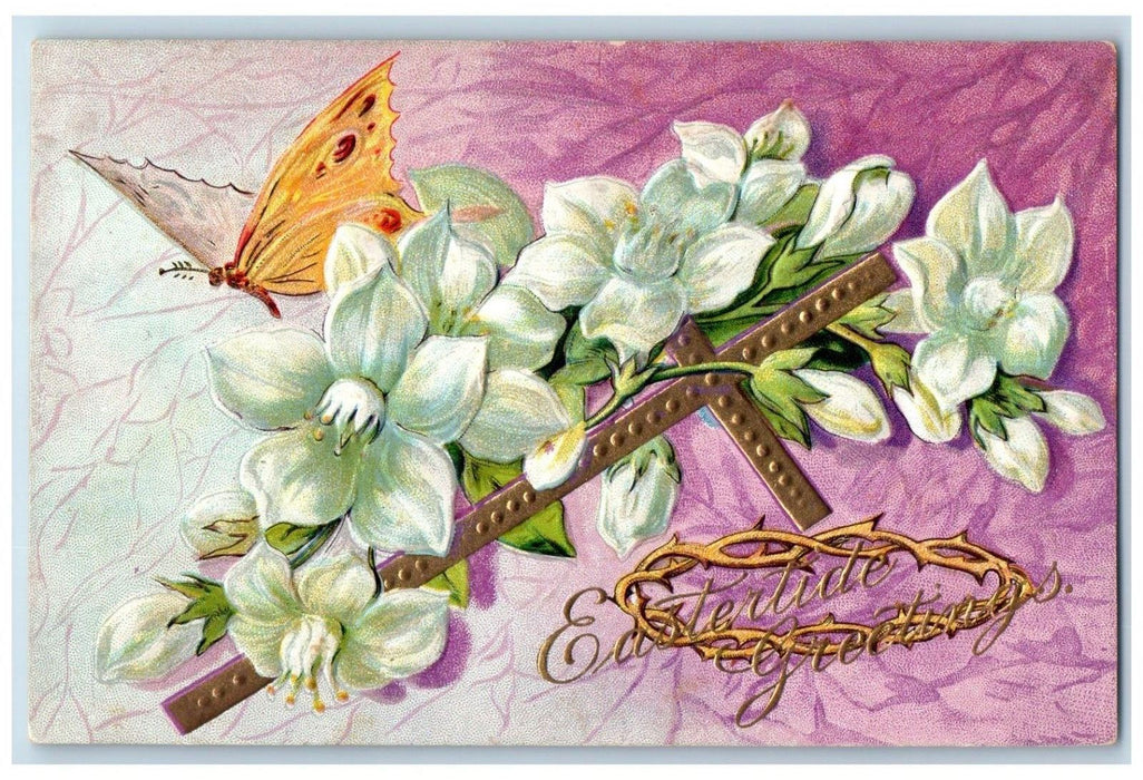 c1910's Easter Greetings Holy Cross Butterfly Flowers Embossed Antique Postcard