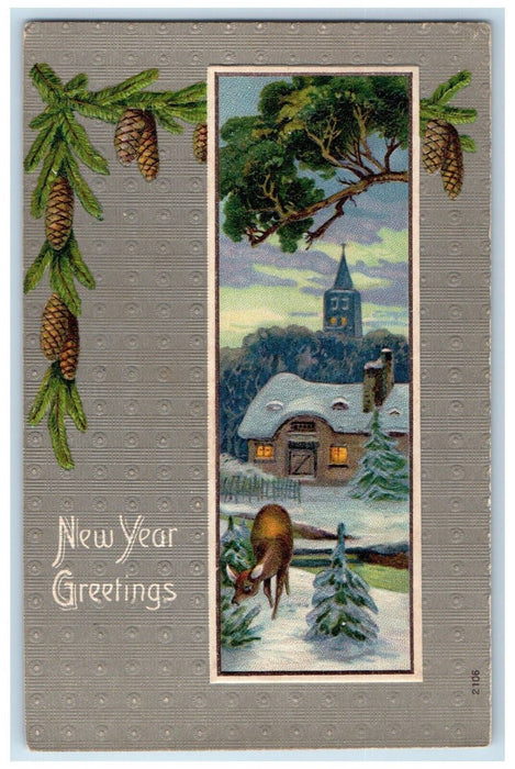 c1910's New Year Greetings Pine Cone Deer Winter House Embossed Antique Postcard