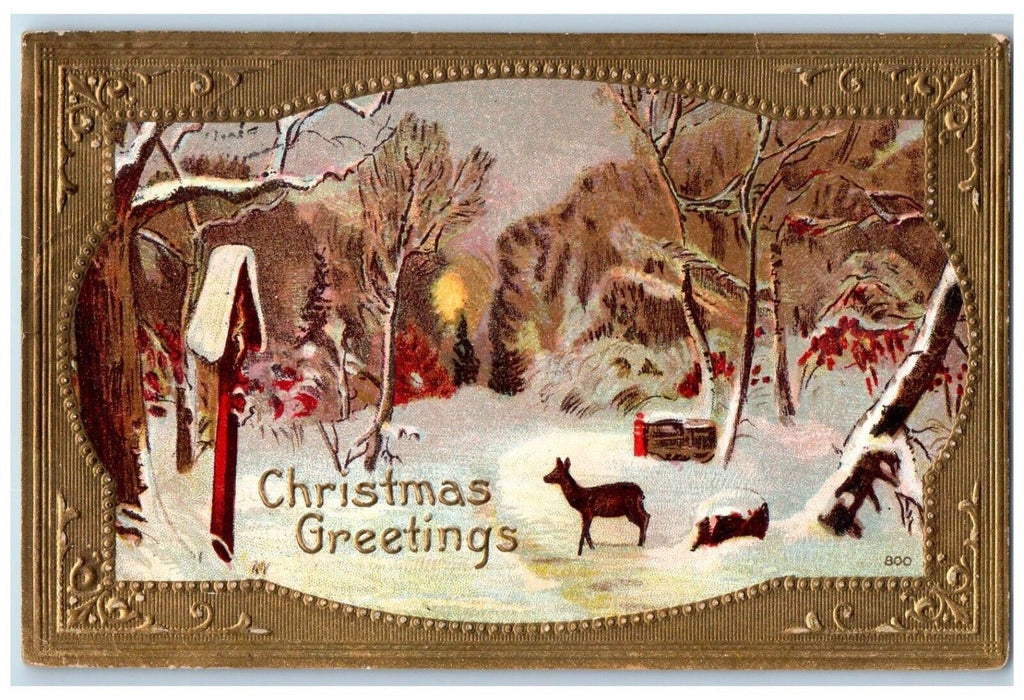 1910 Christmas Greetings Deer On Winter Trees Embossed Liverpool NY Postcard