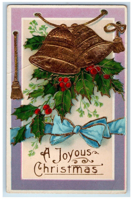Christmas Joyous Ringing Bells Holly Berries Ribbon Gel Gold Gilt Postcard