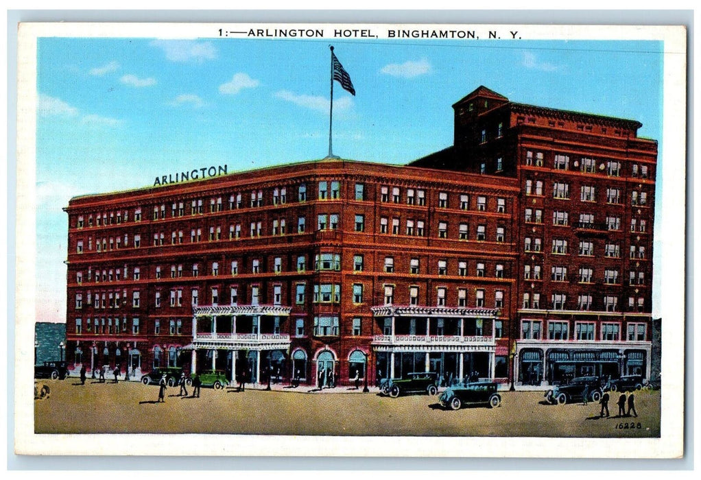 c1920 Arlington Hotel Restaurant Classic Cars Entrance Binghamton NY Postcard