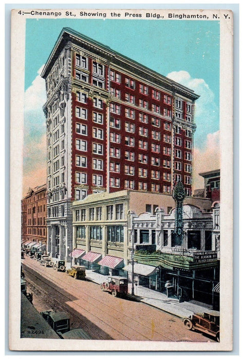 1938 Chenango Street Press Building Classic Cars Railway Binghamton NY Postcard