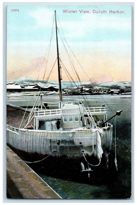 1910 Winter View Snow Ferry Fishing Boat Dock Duluth Harbor Minnesota Postcard