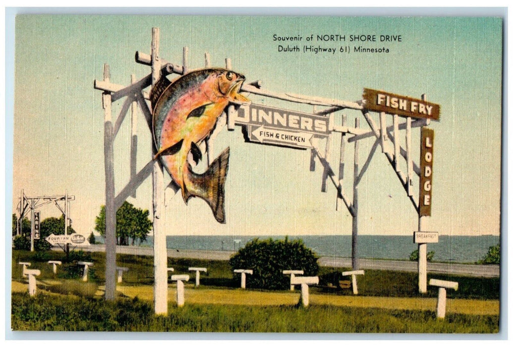 c1940 Souvenir North Shore Drive Dinner Fish Fry Lodge Duluth Minnesota Postcard