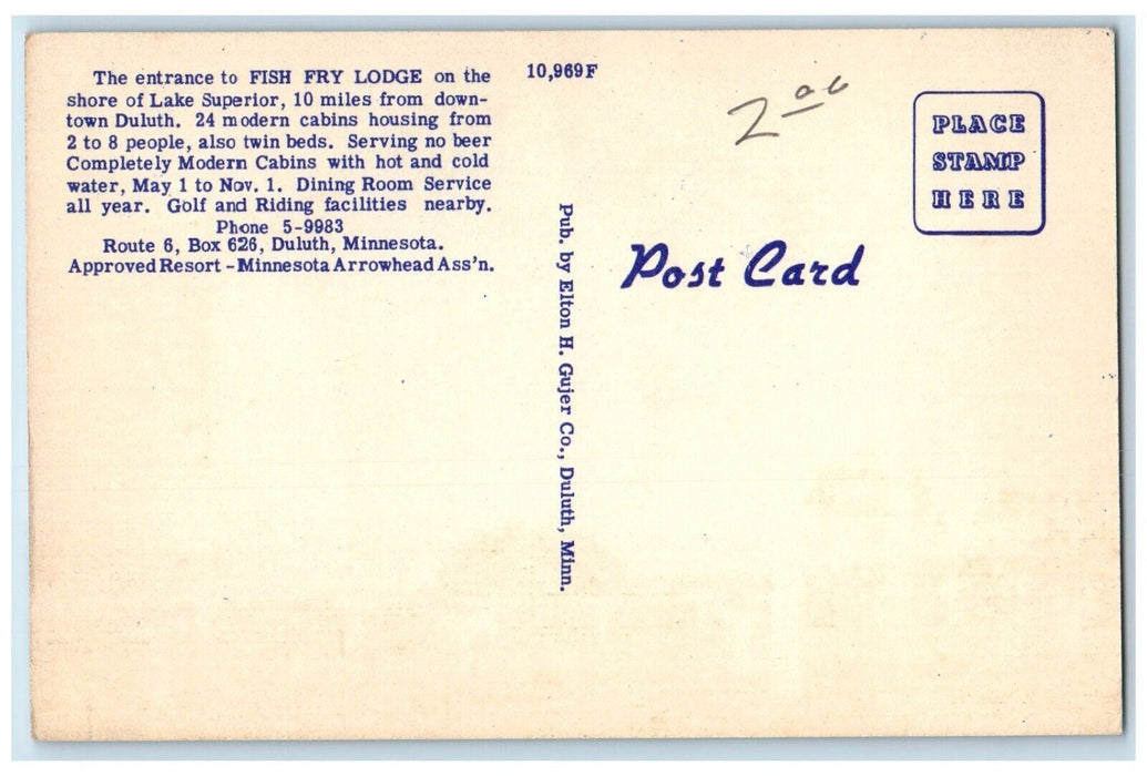 c1940 Souvenir North Shore Drive Dinner Fish Fry Lodge Duluth Minnesota Postcard