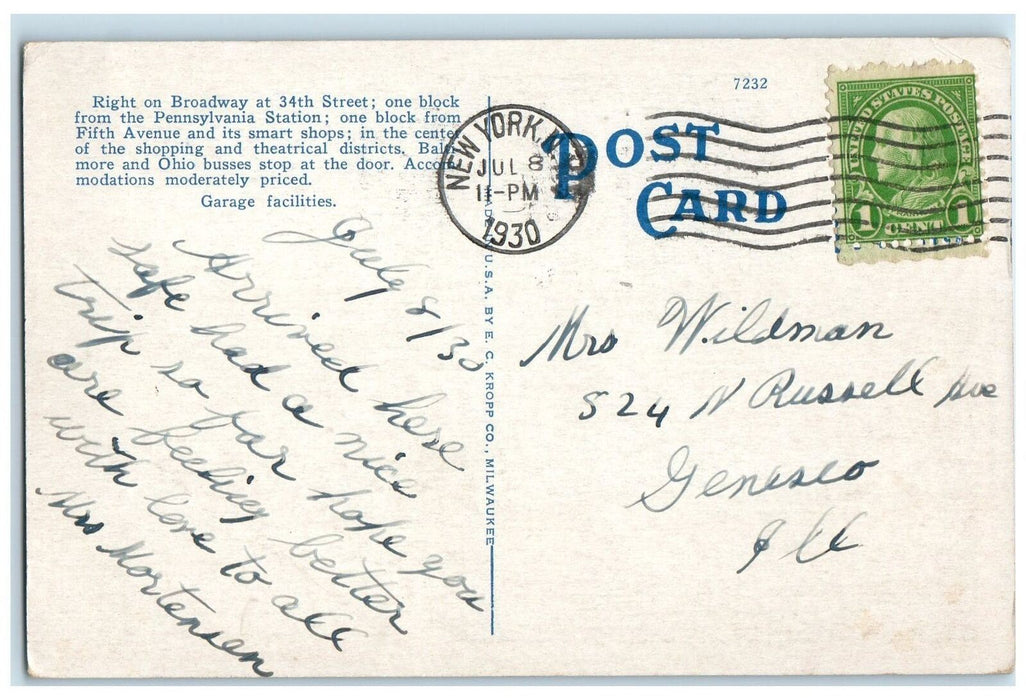 1930 Hotel McAlpin Building Restaurant Railway Train Tramway Cars NY Postcard