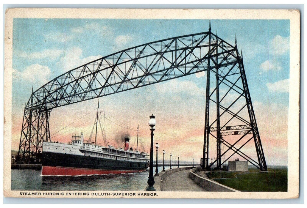 1918 Steamer Huronic Entering Duluth Superior Harbor Canal Minnesota MN Postcard