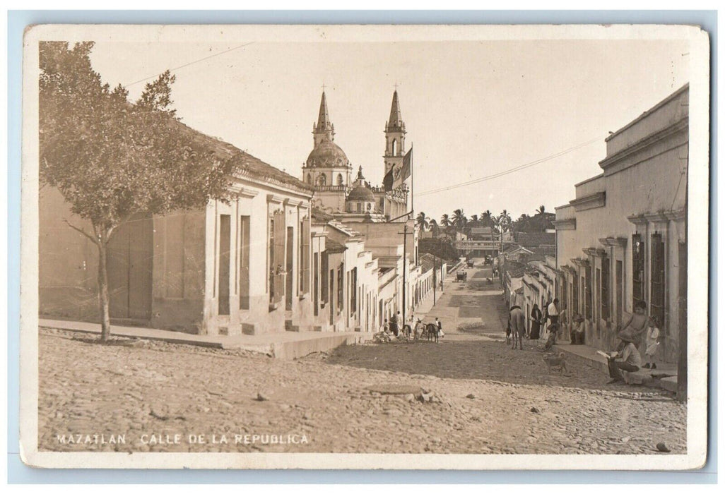 c1910's Mazatlan Republic Street Mazatlan Mexico Dog Church RPPC Photo Postcard