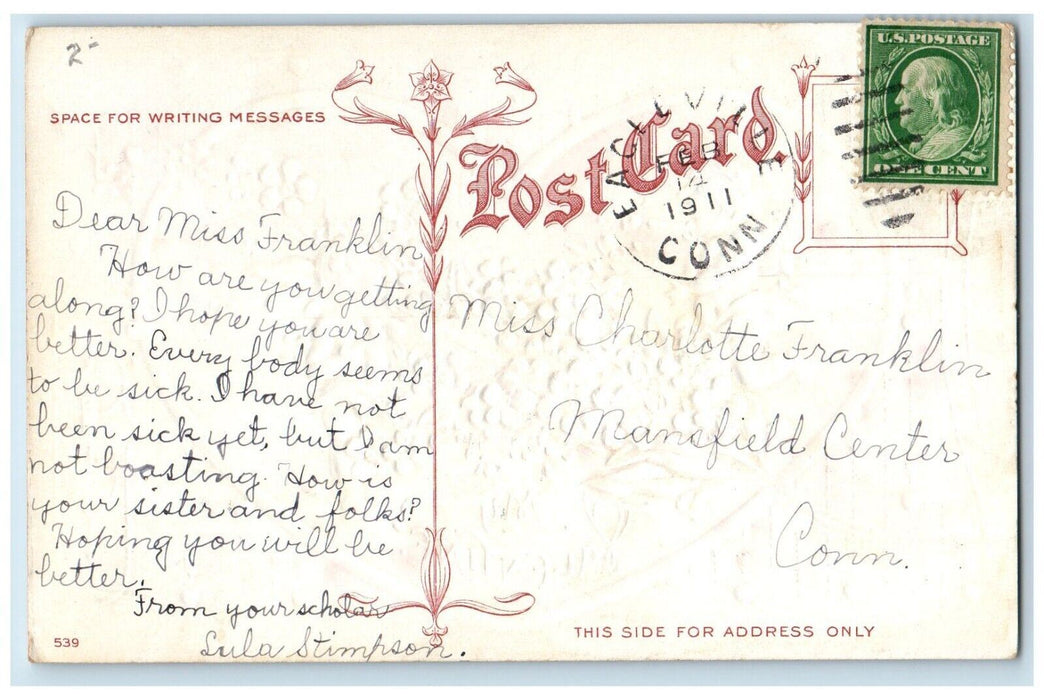 1911 Valentine Angel Pansies Flowers Eagleville Connecticut CT Embossed Postcard