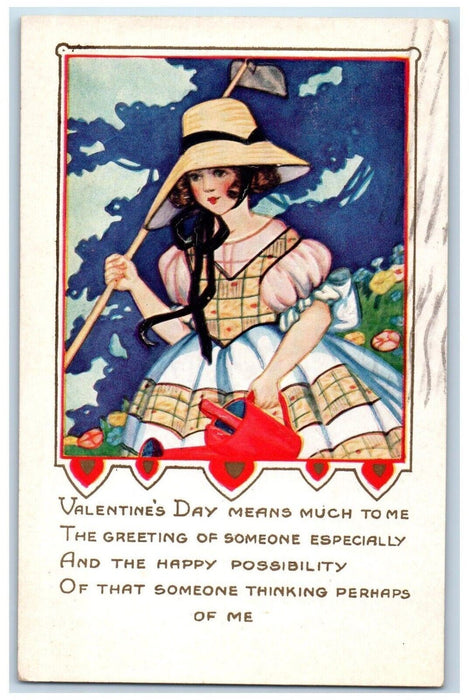 1924 Valentine Greetings Pretty Woman Watering Plant Willimantic CT Postcard