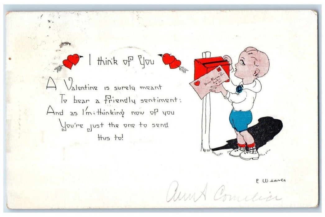 1910 Valentine Message Boy Dropping Letter Mail Weaver Posted Antique Postcard