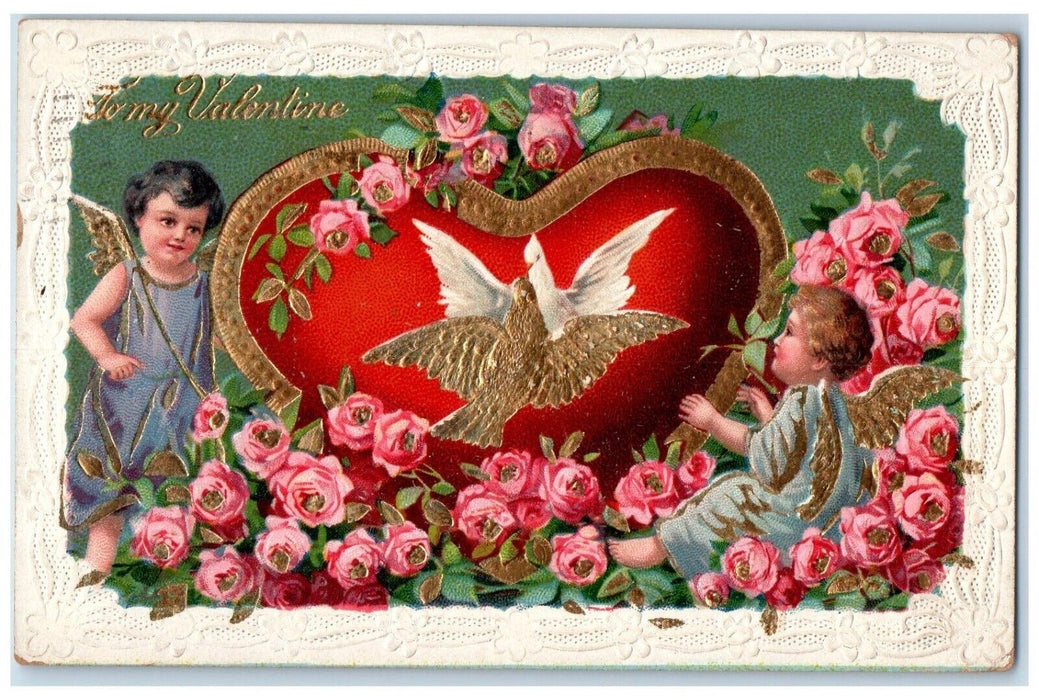 1912 Valentine Cupid Angel Heart Flowers Bird Embossed Springfield MA Postcard