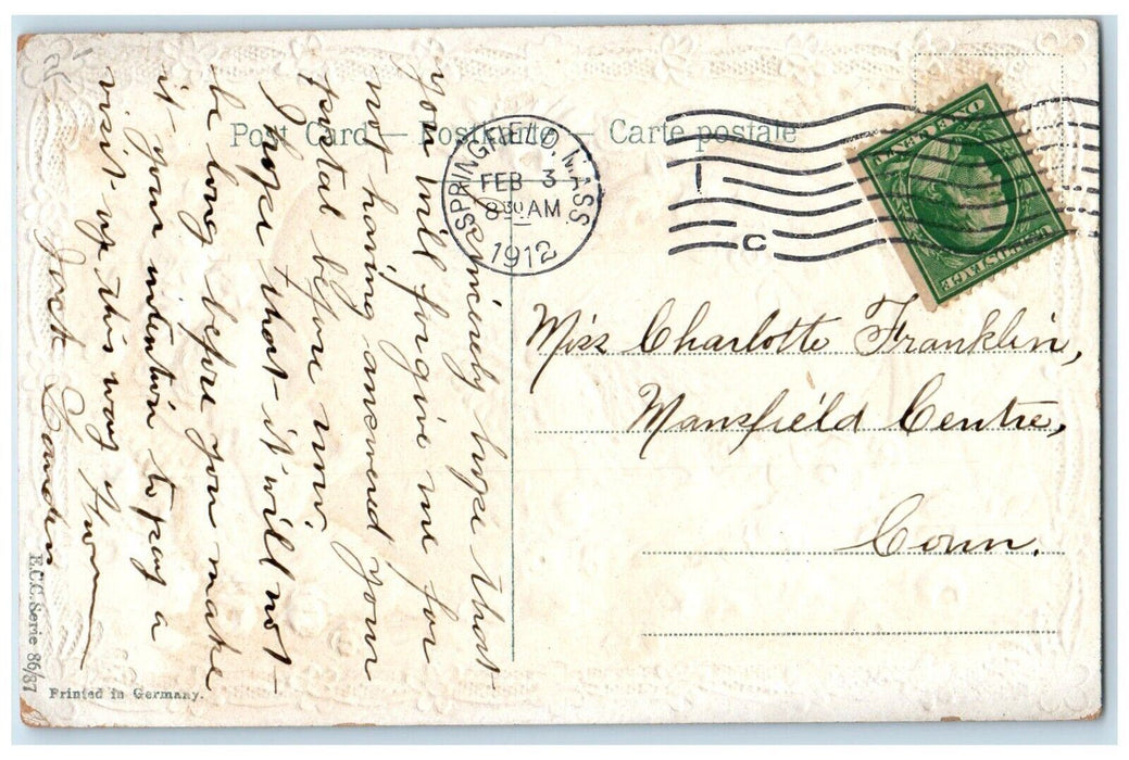 1912 Valentine Cupid Angel Heart Flowers Bird Embossed Springfield MA Postcard