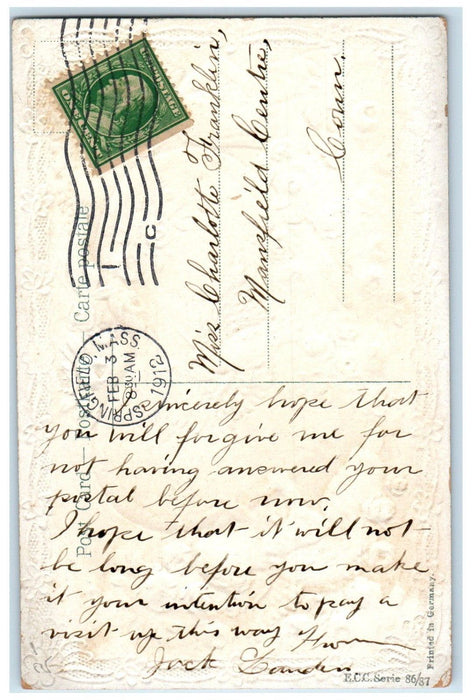 1912 Valentine Cupid Angel Heart Flowers Bird Embossed Springfield MA Postcard