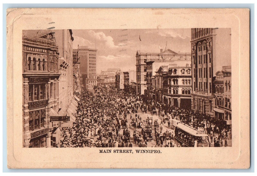 1909 Main Street Crowd Scene Winnipeg Manitoba Canada CA Posted Vintage Postcard