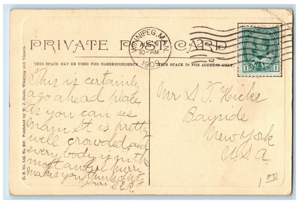 1909 Main Street Crowd Scene Winnipeg Manitoba Canada CA Posted Vintage Postcard