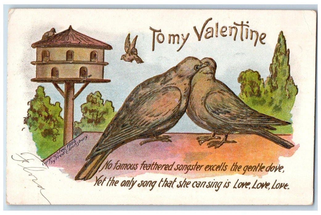 c1905 Valentine Birds Lovers Kissing Bird House Embossed Antique Postcard