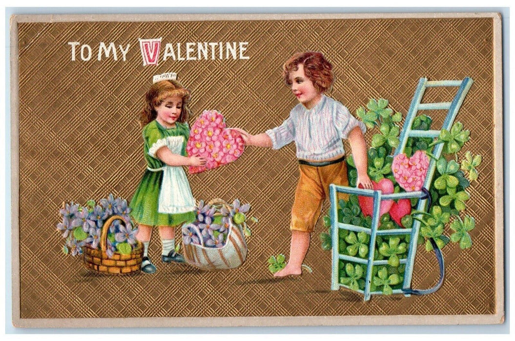 1910 Valentine Children Hearts Pansies Flowers Shamrock Nash Embossed Postcard