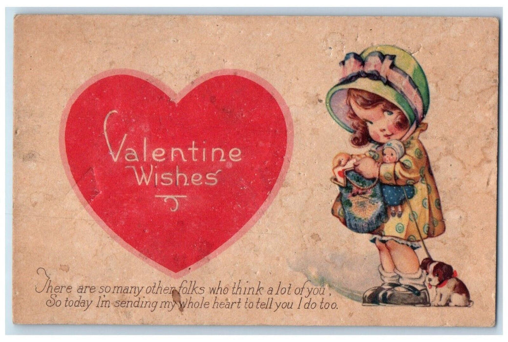1927 Valentine Wishes Heart Little Girl Cute Dog Yantic Connecticut CT Postcard