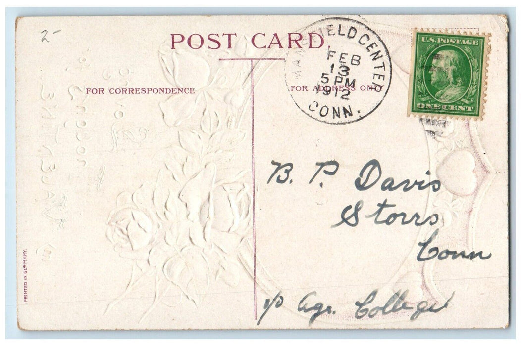 1912 Valentine Thoughts Angels Flowers Embossed Mansfield Center CT Postcard
