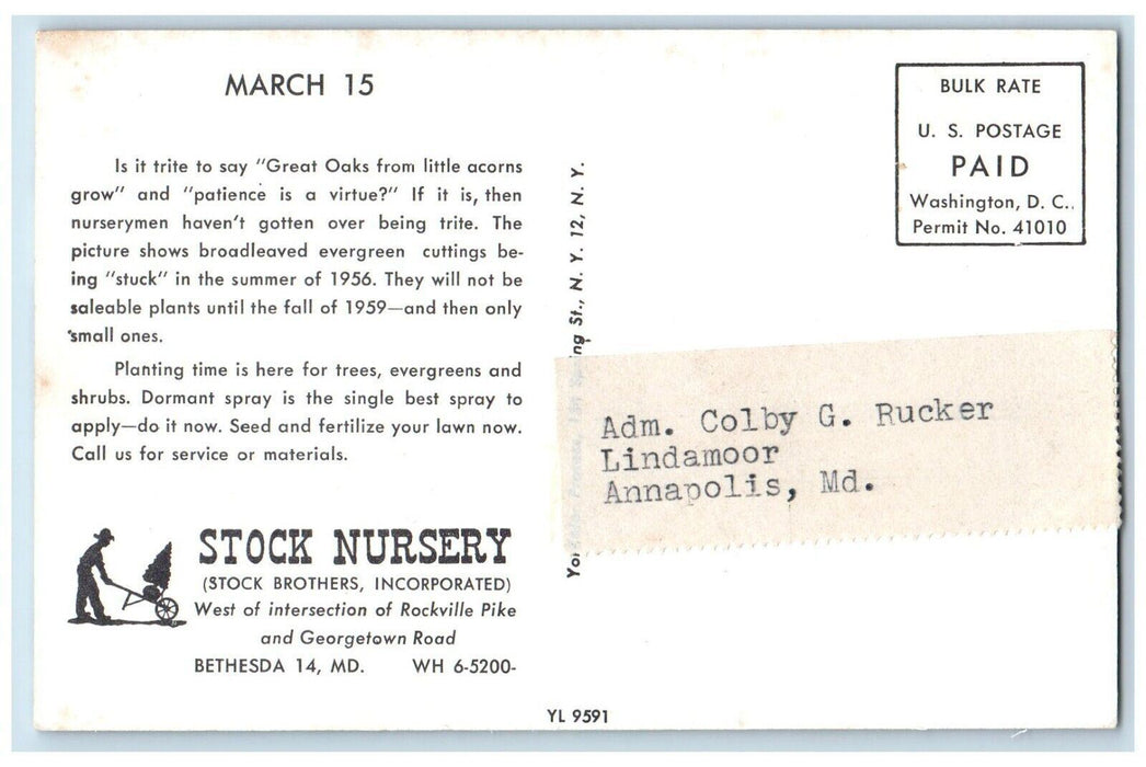 c1959 Stock Nursery Great Oaks Farming Advertising Bethesda MD Postcard
