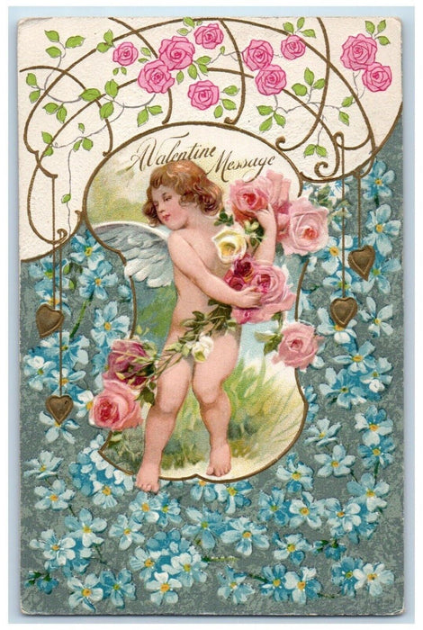 c1910's Valentine Message Angel Heart Pansies Roses Flowers Winsch Back Postcard