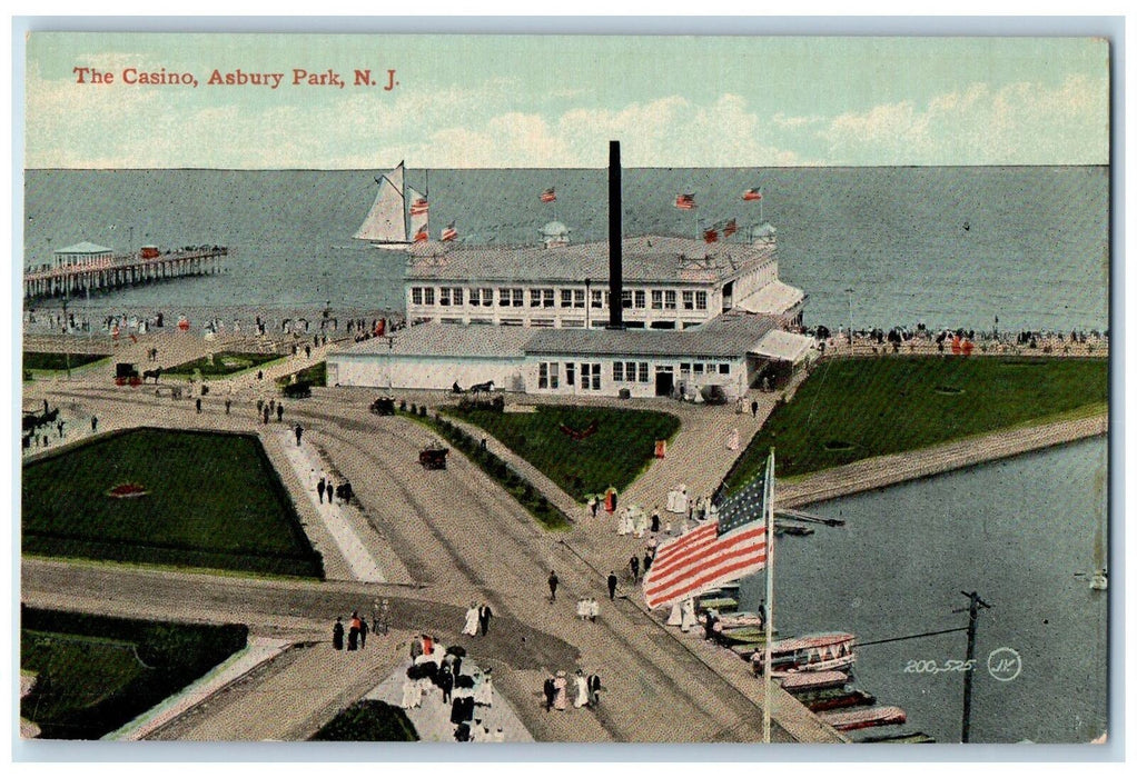 c1910 The Casino Building Boardwalk Bridge Boats Flags Asbury Park NJ Postcard