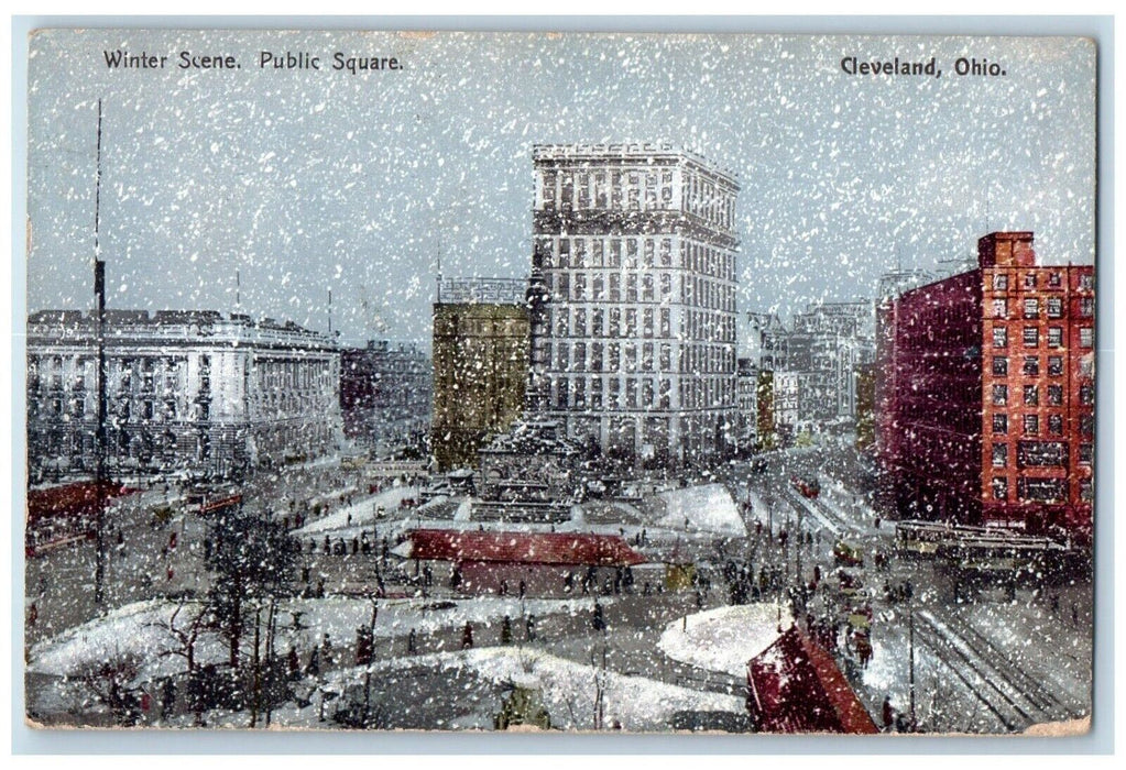 1908 Winter Scene Public Square Snowfalls Cleveland Ohio OH Antique Postcard